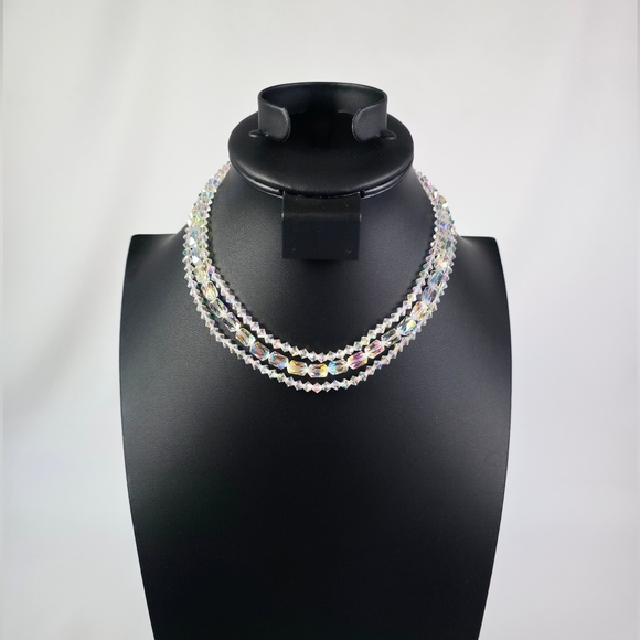 None Jewelry - Vintage AB Necklace Triple Strand Austrian Crystals Adjustable Length Aurora